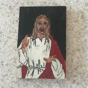 Vintage Handpainted Religious Icon  Jesus On Wood Block